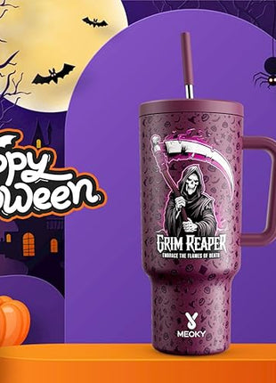 Meoky 40 oz Halloween Tumbler with Handle and Straw, Tumbler with Lid and Straw, Insulated Stainless Steel Travel Mug, 100% Leak-proof, Keeps Cold for 34 Hours or Hot for 10 Hours (Red Skull)