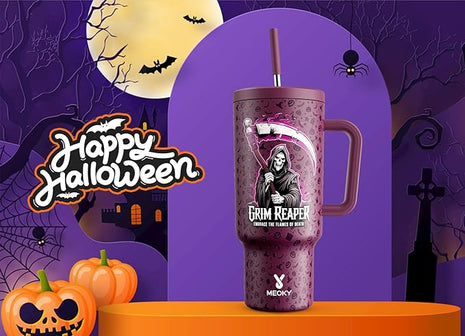 Meoky 40 oz Halloween Tumbler with Handle and Straw, Tumbler with Lid and Straw, Insulated Stainless Steel Travel Mug, 100% Leak-proof, Keeps Cold for 34 Hours or Hot for 10 Hours (Red Skull)