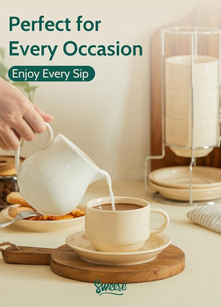 Sweese 8oz Porcelain Cappuccino Cups Set with Saucers, Metal Stand - Stackable, Durable for Coffee, Latte, Tea - Beige, 4 Pack