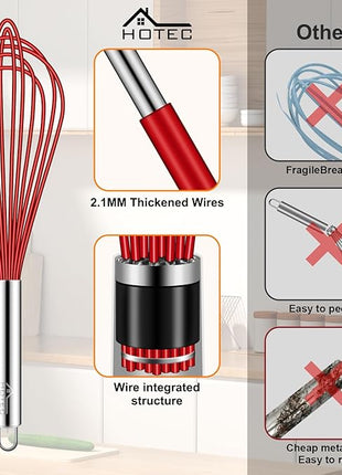 HOTEC 4 Pieces Silicone Whisks Set, Wire Balloon Whisks for cooking Egg Beater, Non-slip Handle Whisk for Non-stick Cookware Perfect for Cooking, Stirring, Beating and Blending (Multicolor)