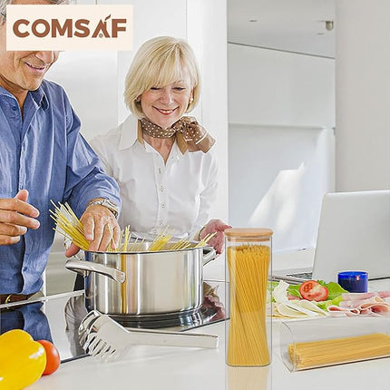 ComSaf Glass Food Storage Containers Set, 3 Pcs Airtight Clear Food Jars with Lids, Square Stackable Kitchen Canisters, Glass Jars For Spaghetti Pasta, Spice, Sugar, Candy, Tea, and Coffee Beans