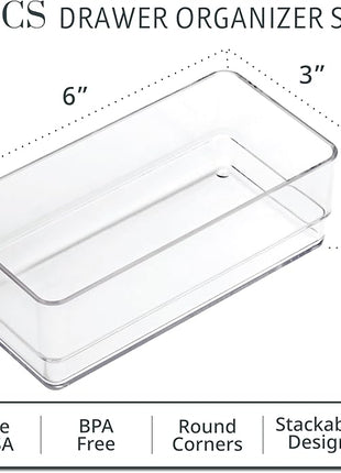 STORi SimpleSort 6-Piece Stackable Clear Drawer Organizer Set | 6" x 3" x 2" Rectangle Trays | Small Makeup Vanity Storage Bins and Office Desk Drawer Dividers | Made in USA