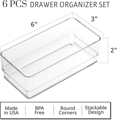 STORi SimpleSort 6-Piece Stackable Clear Drawer Organizer Set | 6" x 3" x 2" Rectangle Trays | Small Makeup Vanity Storage Bins and Office Desk Drawer Dividers | Made in USA