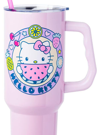 Silver Buffalo Sanrio Hello Kitty Summer Kawaii Fruits Stainless Steel Tumbler with Handle, Fits in Standard Cup Holder, 40 Ounces