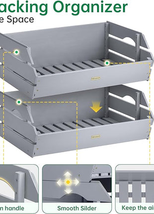 HABAU Wood Potato Onion Storage Bins - Wooden Stackable Produce Basket - Fruit Vegetable Storage for Kitchen Pantry Organization, Set 2 Pieces