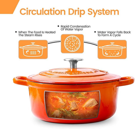 Enameled Cast Iron Dutch Oven, 5.5 Quart, Round Cast Dutch Ovens Pot with Lid Dual Handle for Bread Baking, Oven Safe up to 500°F, Orange