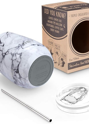 THILY Stainless Steel Stemless Wine Tumbler 12 oz Triple-Insulated Stemless Glass with Lid and Straw, Durable Reusable Travel Coffee Cup, Keep Hot or Cold for Wine, Coffee, Beer, Juice, White Marble