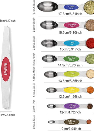 Magnetic Measuring Spoons Set Stainless Steel with Leveler, 9pcs Multicolors Measuring Cups Set for Baking, Measuring Cups and Spoon Set Kitchen Gadgets Apartment Essentials Fits in Spice Jars
