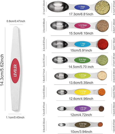 Magnetic Measuring Spoons Set Stainless Steel with Leveler, 9pcs Multicolors Measuring Cups Set for Baking, Measuring Cups and Spoon Set Kitchen Gadgets Apartment Essentials Fits in Spice Jars