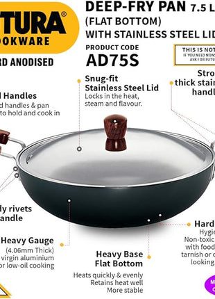 Hawkins Futura 7.5 Litre Deep Fry Pan, Hard Anodised Kadai with Stainless Steel Lid, Flat Bottom Kadhai, Big Kadai, Black (AD75S)