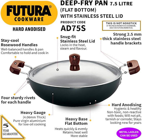 Hawkins Futura 7.5 Litre Deep Fry Pan, Hard Anodised Kadai with Stainless Steel Lid, Flat Bottom Kadhai, Big Kadai, Black (AD75S)