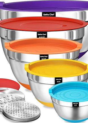 Umite Chef Mixing Bowls with Airtight Lids Set, 8PCS Stainless Steel Nesting Bowls Set, 3 Grater Attachments & Non-Slip Bottoms, Size 5, 4, 3.5, 2, 1.5QT for Baking & Mixing(Colorful)