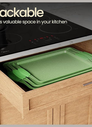 BAKKEN Kitchen Baking Pan Set - Nonstick Green Marble Coating, Carbon Steel Bakeware Sets with Green Silicone Handles, Kitchen Essentials, PFOA, PFOS, PTFE Free, Oven Safe (Up To 450° F), Set of 3