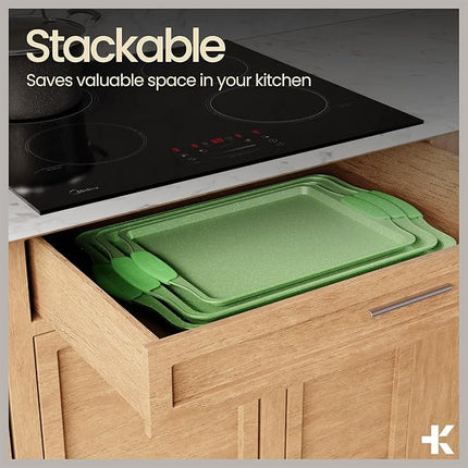 BAKKEN Kitchen Baking Pan Set - Nonstick Green Marble Coating, Carbon Steel Bakeware Sets with Green Silicone Handles, Kitchen Essentials, PFOA, PFOS, PTFE Free, Oven Safe (Up To 450° F), Set of 3