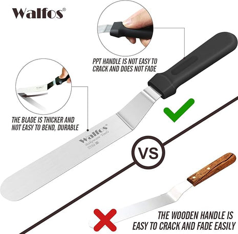 Walfos Icing Spatula, Stainless Steel Cake Spatula with Sturdy and Durable Handle Cake Decorating Spatula - Multi purpose Use for Home, Kitchen or Bakery (6” Angled + 8" Straight)…