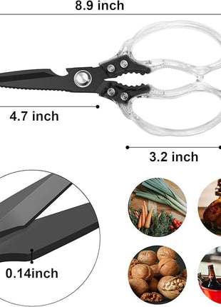CGBE Kitchen Scissors, Multi-Purpose Kitchen Shears, Heavy Duty Dishwasher Safe Food Scissors for Chicken, Poultry, Fish, Meat & Herbs with Non-Slip Grips (Transparent Black)