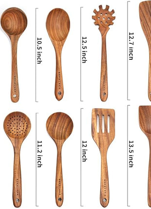 11 Pcs Wooden Kitchen Utensils Set - Wooden Spoons, Spatulas and More for Cooking