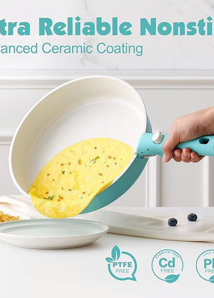 SENSARTE 17 Piece Ceramic Pots and Pans Set, Nonstick Detachable Handle Cookware, Induction Kitchen Cookware Set with Removable Handle, Dishwasher ＆ Oven Safe (Turquoise)