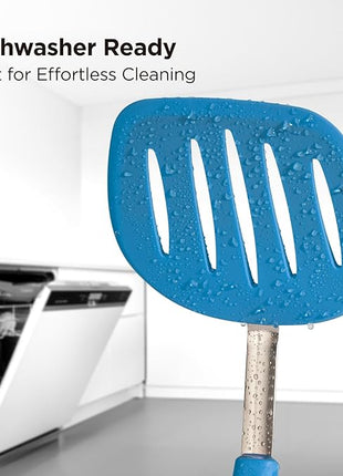 Kitchen Mama WaltzGrip Platinum Silicone Pancake Spatula Turner: Heat Resistant Flexible, Stainless Steel Core, Nonstick, Dishwasher Safe, Flipper – Ideal Kitchen Cookware for Eggs, Fish, Meat (Blue)