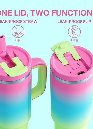 40 oz Tumbler with Handle and Straw: Stainless Steel Insulated Tumbler Keeps Cold for 24 Hours, Leakproof Travel Cup Fits in Cup Holder and BPA-Free, Lime Sorbet