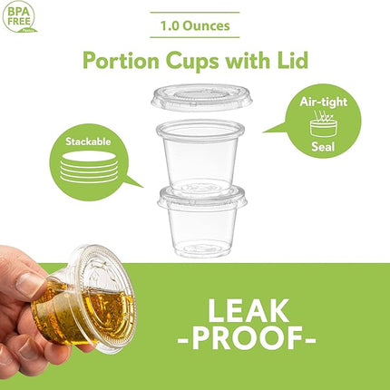 (1 oz - 100 Sets) Clear Diposable Plastic Portion Cups With Lids, Small Mini Containers For Portion Controll, Jello Shots, Meal Prep, Sauce Cups, Slime, Condiments,