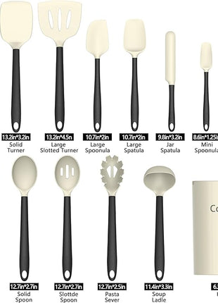 Coukre Silicone Kitchen Cooking Utensils Set with Holder – Heat-Resistant, Food-Grade Kitchen Tools, Spatula, Spoon & Gadgets for Non-Stick Pans, Dishwasher Safe (14, Beige)