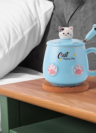 Cute Cat Mug, Novelty Ceramic Coffee Tea Milk Cup with Lovely Kitty Lid, Kawaii Claw Spoon, Anime Coaster, Novelty Things Birthday Christmas Gift for Cat Lovers Women Her, 14 oz, Blue