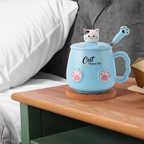 Cute Cat Mug, Novelty Ceramic Coffee Tea Milk Cup with Lovely Kitty Lid, Kawaii Claw Spoon, Anime Coaster, Novelty Things Birthday Christmas Gift for Cat Lovers Women Her, 14 oz, Blue
