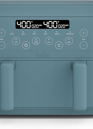 bella 4 Qt TriZone Air Fryer, EverGood™ Ceramic Nonstick Coating, Dual Basket Design w Removable Divider, Digital Touchscreen Control w 6 Preset Cooking Options, 1200 Watt, 3lb Capacity, Surf