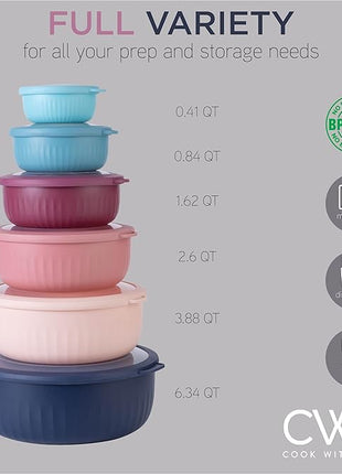 COOK WITH COLOR Prep Bowls with Lids- Wide and Deep Nesting Plastic Small Mixing Bowl Set with Lids, 12 Piece Set - Wide Bowls, Navy