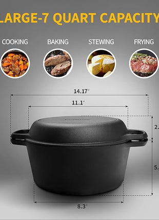 2-in-1 Pre-Seasoned Cast Iron Dutch Oven Pot with Skillet Lid Cooking Pan, Cast Iron Skillet Cookware Pan Set with Dual Handles Indoor Outdoor for Bread, Frying, Baking, Camping, 7QT