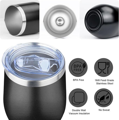MEZMUT 12 Oz Insulated Wine Tumbler with Lid Double Wall Vacuum Stainless Steel Wine Glass Coffee Mug Insulated Tumbler Cup for Champaign, Cocktail, Beer (Black, 6 Pack)