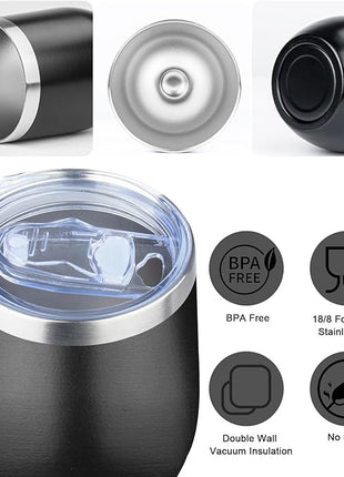 MEZMUT 12 Oz Insulated Wine Tumbler with Lid Double Wall Vacuum Stainless Steel Wine Glass Coffee Mug Insulated Tumbler Cup for Champaign, Cocktail, Beer (Black, 1 Pack)