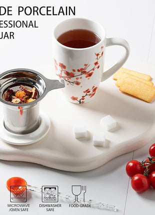 Sweejar Porcelain Tea Mug with Infuser and Lid,Teaware with Filter, Loose Leaf Tea Cup Steeper Maker, 16 Fl Oz for Tea/Coffee/Milk/Women/Office/Home/Gift (Plum Blossom)