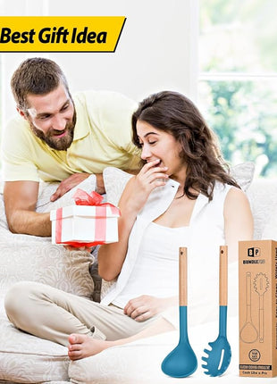 Silicone Pasta Fork and Ladle Spoon Set with Wooden Handle, Heat Resistant Non Stick Kitchen Utensils for Cooking, Stirring, Serving Spaghetti, Soup, Sauce(BLUE)