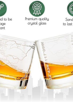 Greenline Goods Whiskey Glasses - 10 oz Tumbler Set for San Diego lovers, Etched with San Diego Map Old Fashioned Rocks Glass - Set of 2