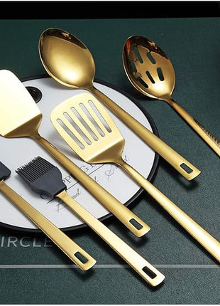 Gold Cooking Spoons, Berglander 6 Pieces Spatula Set Stainless Steel, Metal Spatula, Serving Spoon, Kitchen Tools Set Non-Stick And Heat Resistant, Dishwasher Safe, Easy to Clean (6 Packs)