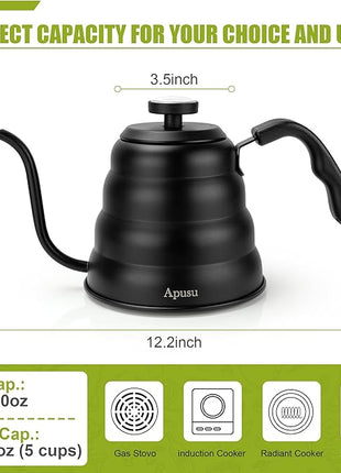 Tea Kettle with Thermometer Pot Black Stovetop Tea Kettle 40oz Gooseneck Kettle Teapot Pour Over Coffee Kettle with Thermometer,1200ml,6 Cup,Black,1Pack