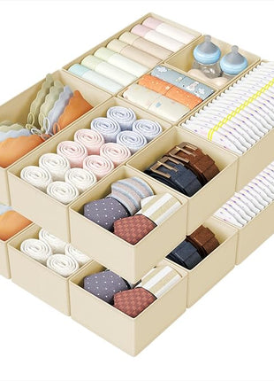 DIMJ Drawer Organizers Clothes, Set of 16 Dresser Organizer Bins, Fabric Closet Organizers and Storage, Shallow Drawer Dividers for Nursery, Clothing, Baby Clothes, Socks, Underwears, Tie (Beige)