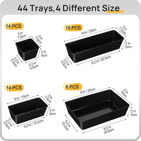 Vtopmart 44 PCS Plastic Drawer Organizers Set, 4-Size Versatile Bathroom and Vanity Organizer Trays, Non-Slip Storage Containers for Makeup, Jewelries, Bedroom，Kitchen Utensils and Office, Black
