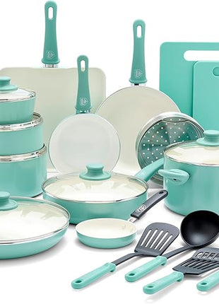 GreenLife Soft Grip 23 Piece Kitchen Cookware Pots and Frying Saucepans Set, Healthy Ceramic Nonstick PFAS and PFOA-Free, Dishwasher and Oven Safe, Even Heating, Easy Clean, Warp Control, Turquoise