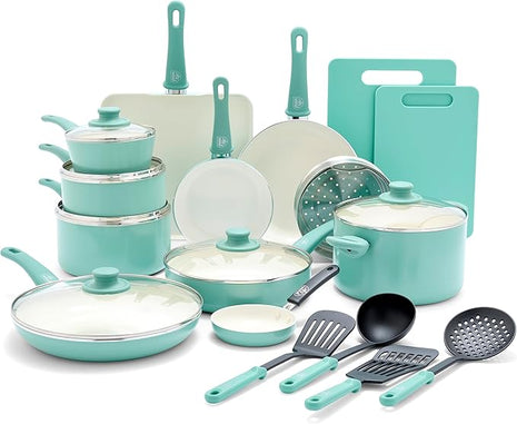 GreenLife Soft Grip 23 Piece Kitchen Cookware Pots and Frying Saucepans Set, Healthy Ceramic Nonstick PFAS and PFOA-Free, Dishwasher and Oven Safe, Even Heating, Easy Clean, Warp Control, Turquoise
