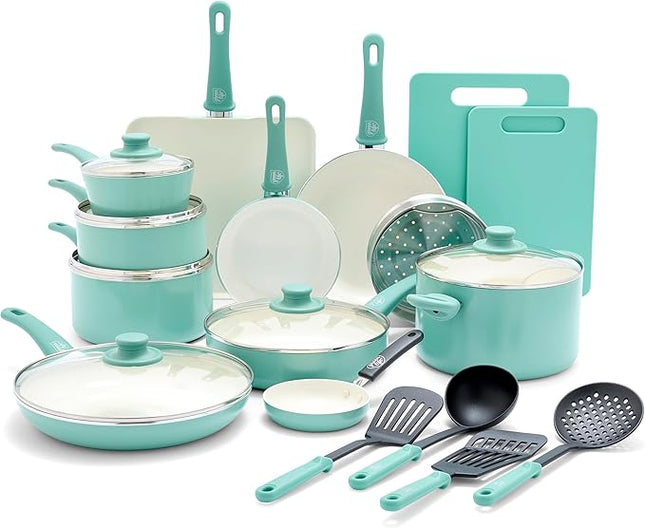 GreenLife Soft Grip 23 Piece Kitchen Cookware Pots and Frying Saucepans Set, Healthy Ceramic Nonstick PFAS and PFOA-Free, Dishwasher and Oven Safe, Even Heating, Easy Clean, Warp Control, Turquoise