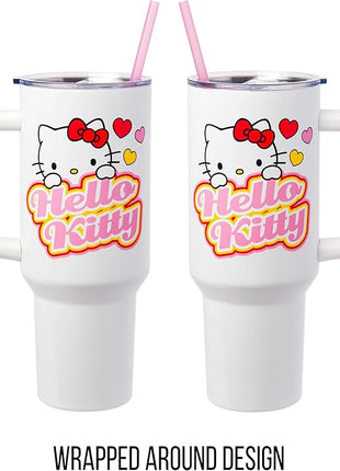 Silver Buffalo Sanrio Hello Kitty Name and Hearts Stainless Steel Tumbler with Handle and Straw, Fits in Standard Cup Holder, 40 Ounces