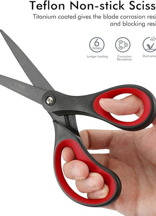 LIVINGO 2 Pack 8" Titanium Non-Stick Scissors, Professional Stainless Steel Comfort Grip, All-Purpose, Straight Office Craft Scissors for DIY(Red/Black)