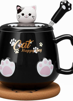 Bgbg Cute Cat Mug, Novelty Ceramic Coffee Tea Milk Cup with Lovely Kitty Lid, Kawaii Claw Spoon, Anime Coaster, Novelty Things Birthday Christmas Gift for Cat Lovers Women Her, 14 oz, Black