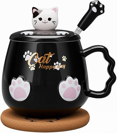 Bgbg Cute Cat Mug, Novelty Ceramic Coffee Tea Milk Cup with Lovely Kitty Lid, Kawaii Claw Spoon, Anime Coaster, Novelty Things Birthday Christmas Gift for Cat Lovers Women Her, 14 oz, Black