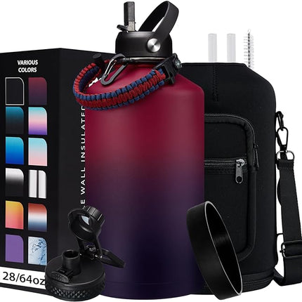 1 Gallon Insulated Water Jug - with Paracord Handle, Straw & Chug Lid, Water Bottles Holder with Strap, 128oz Stainless Steel Large Water Bottle, Keep Hot 12H & Cold 48 for Travel Hiking Camping Work
