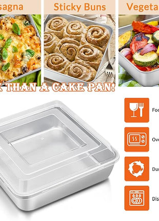 E-far 8 x 8-Inch Baking Pan with lid, Square Cake Brownie Baking Pans Stainless Steel Bakeware Set of 2, Non-toxic & Healthy, Easy Clean & Dishwasher Safe - 4 Pieces(2 Pans + 2 Lids)