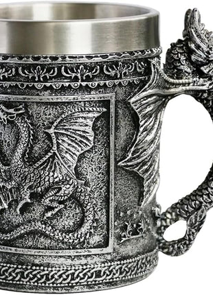 Medieval Roaring Dragon Coffee Mug - Dungeons and Dragons Beer Stein Tankard Drink Cup - 15.8oz Stainless Mug for GOT Dragon Lovers Collector Ideal Novelty Gothic Father Day Gift Party Decoration